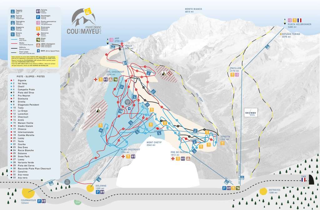 Mountain Ski Transfer from Turin airport TRN to Courmayeur Mont Blanc Map